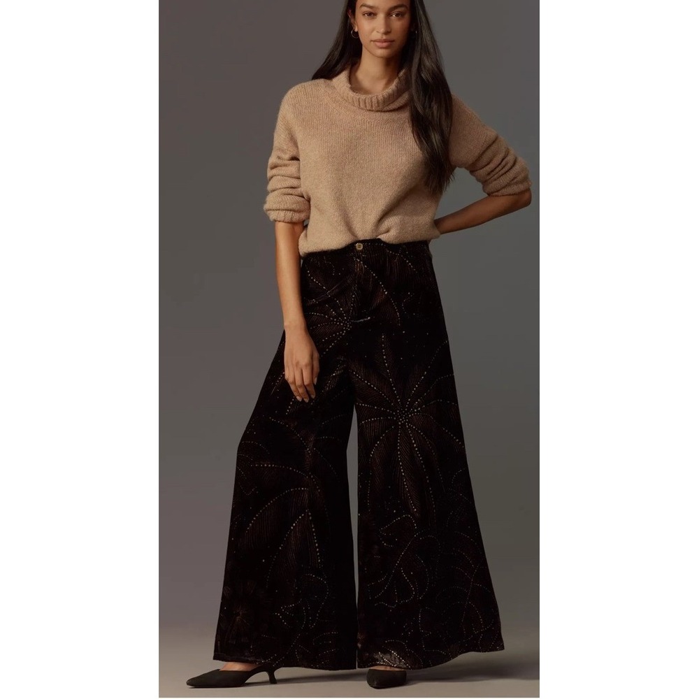 Farm Rio for Anthropologie Velvet Wide Leg Pants Black Palm Star Print S